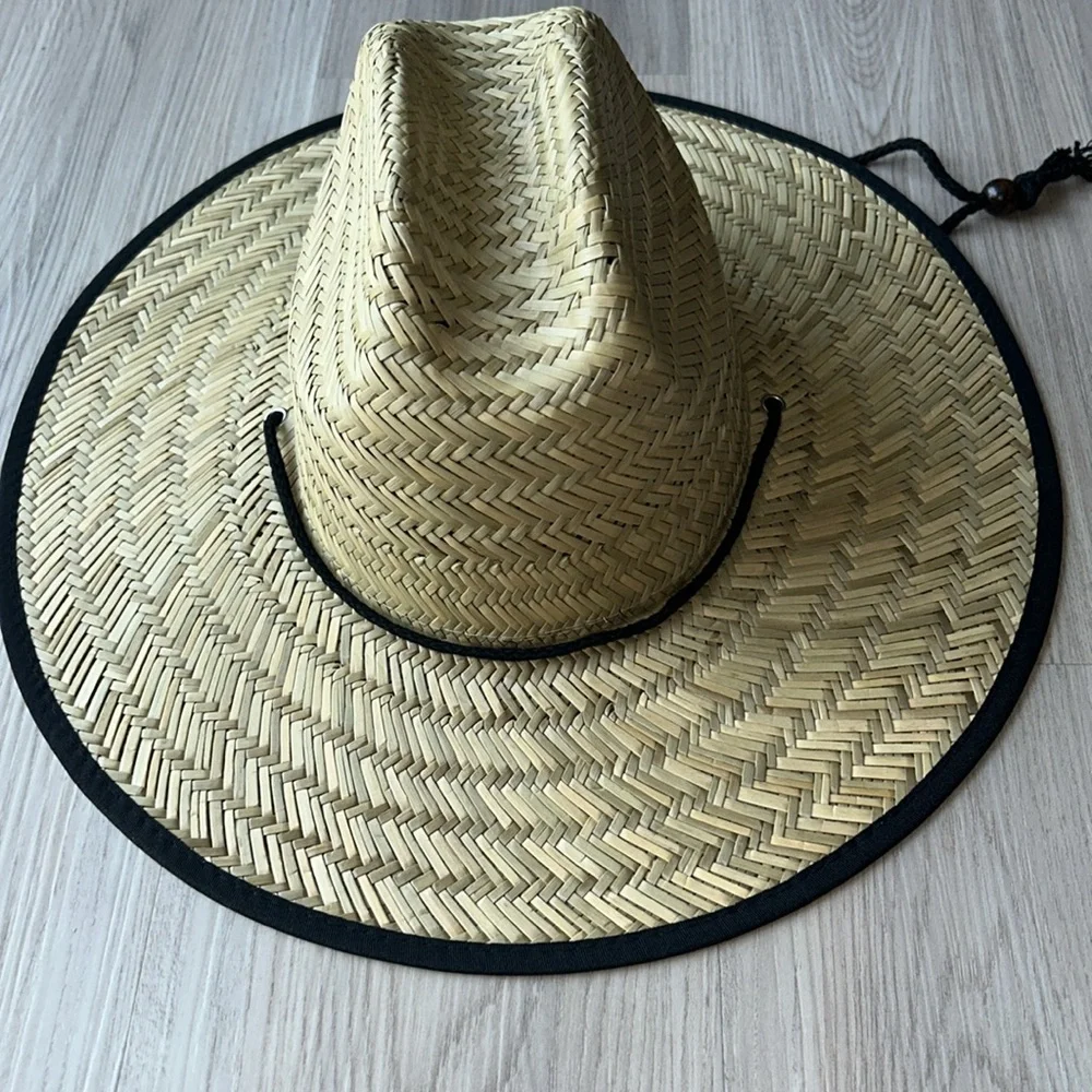 Straw Sun Hat Black Trim S/M 21”Circumference NEW Unisex Beach Casual Summer